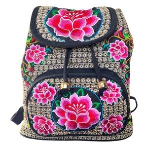 Boho Hippie Gypsy Embroidered Art to Wear Floral Cinch Sack Backpack Handbag